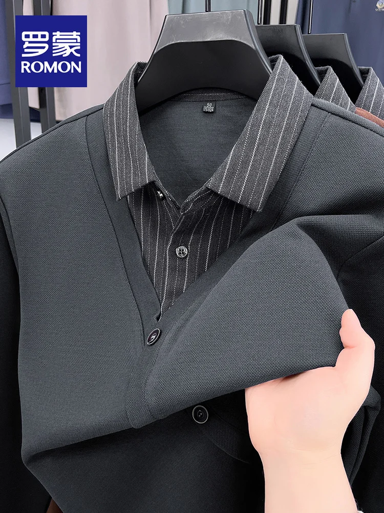

Lnd Faionable Long Sve irt Collar T-irt for Middle-Aged Men Spring Autumn Top Quali Polyester Cotton Blend
