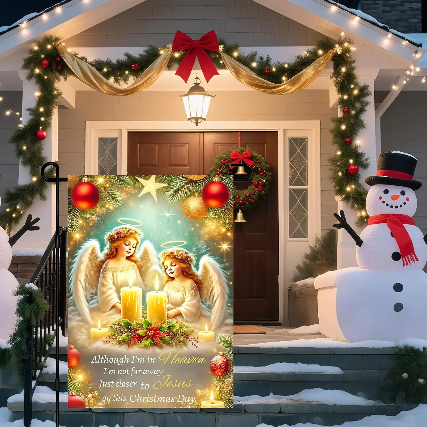 Drapeau de jardin joyeux noël 12x18 pouces, Double face, deux anges avec bougies et poème du ciel, drapeau de cour extérieure pour l'extérieur