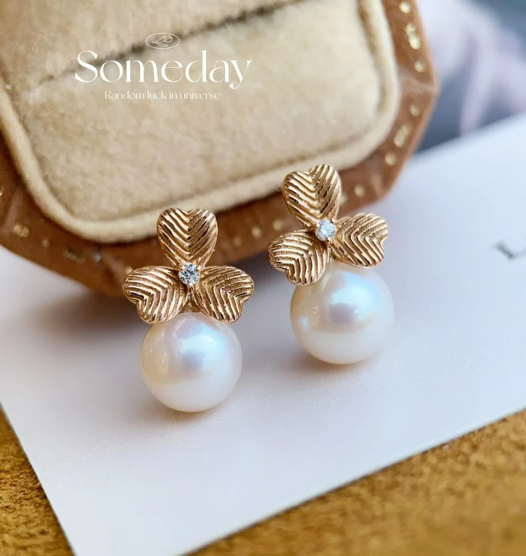 

18K real gold natural diamond pearl earrings clover rose gold fashion boutique ear buckle Goddess Day Valentine's Day gift whole