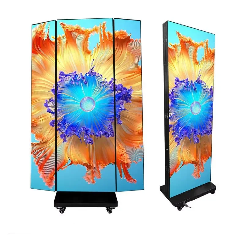 for P2.5 Easy to Move LED Advertising Screen Foldable Double Sided 1280x1920 Indoor Vertical Three Fold Poster LED Display