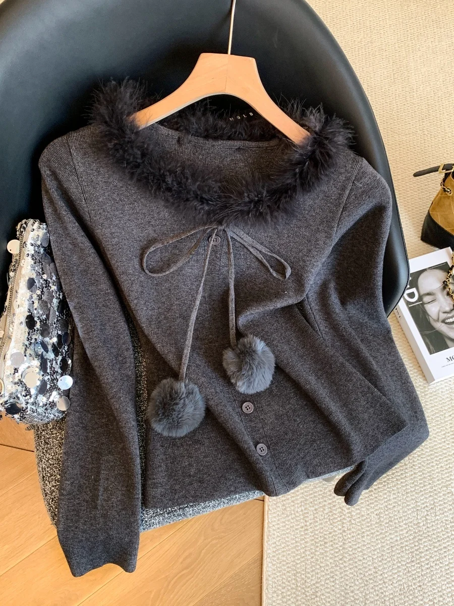 

Корейский вязаный свитер с длинными рукавами для женщин, с меховым воротником и завязками, осенне-зимний, модный, повседневный, свободного кроя