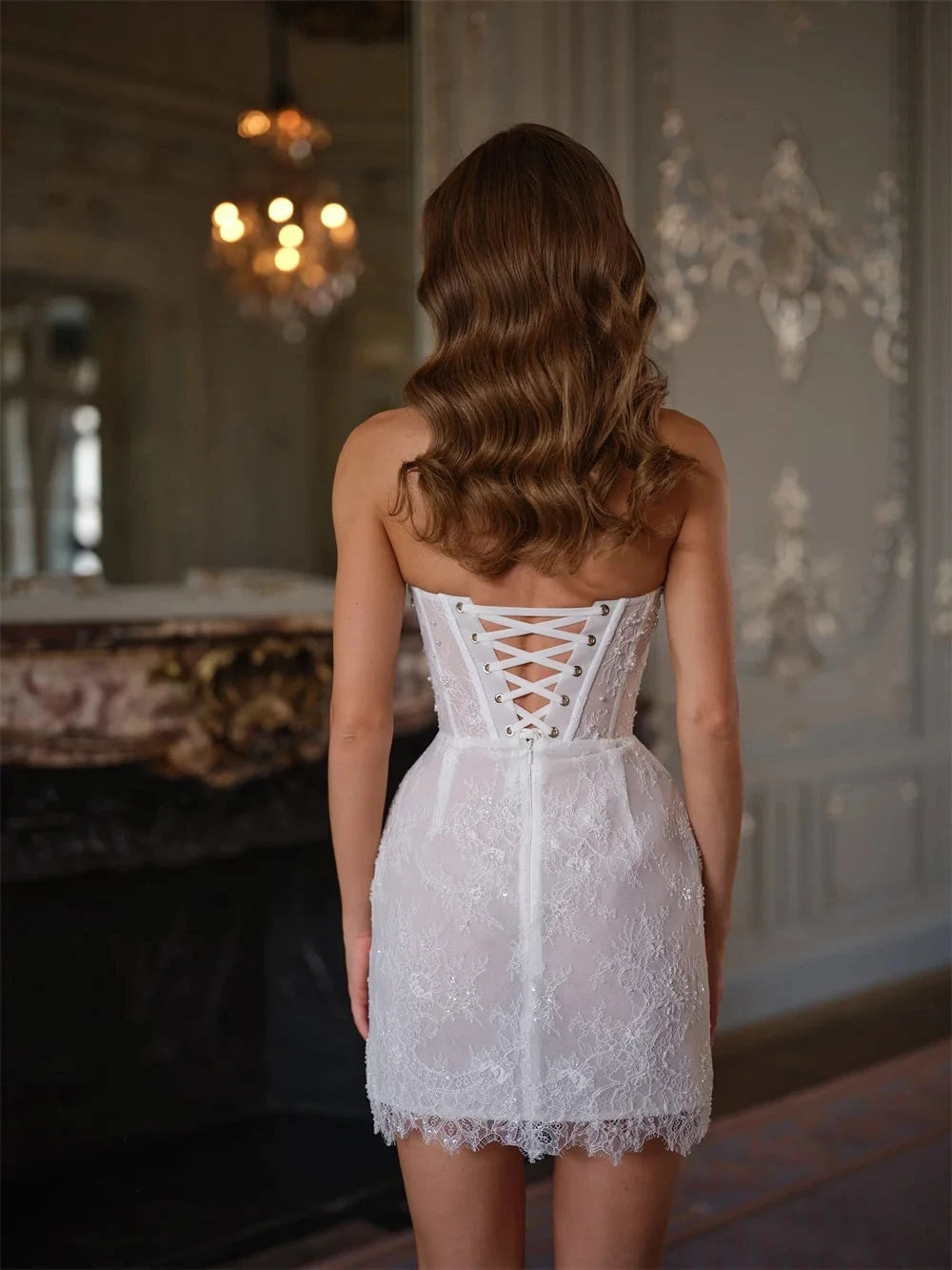 New Arrival Short Wedding Dress Scalloped Collar Floral Lace Pearls Corset Princess Bridal Party Gowns Vestidos De Noiva