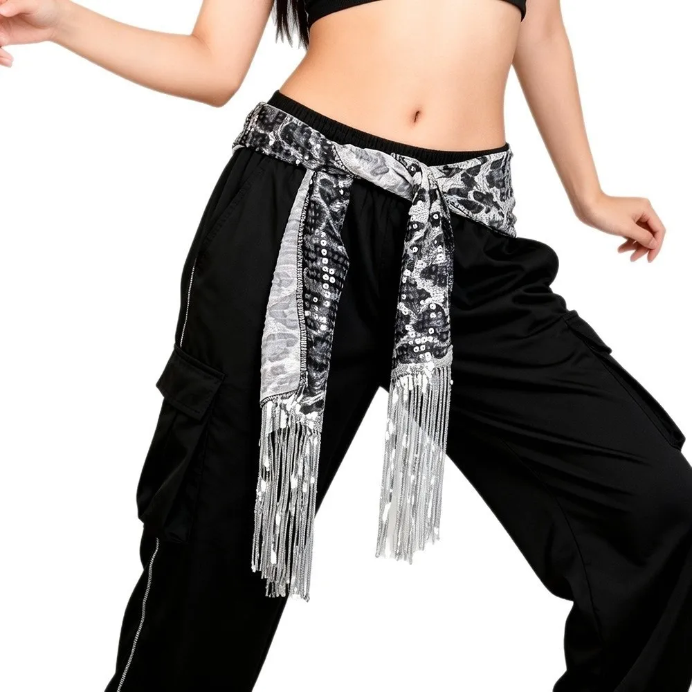 Trendy Hip-hop Leopard Print Sequin Scarf Streetwear Harajuku Street Dance Belt Y2K Jazz Dance Scarf Jeans Decor