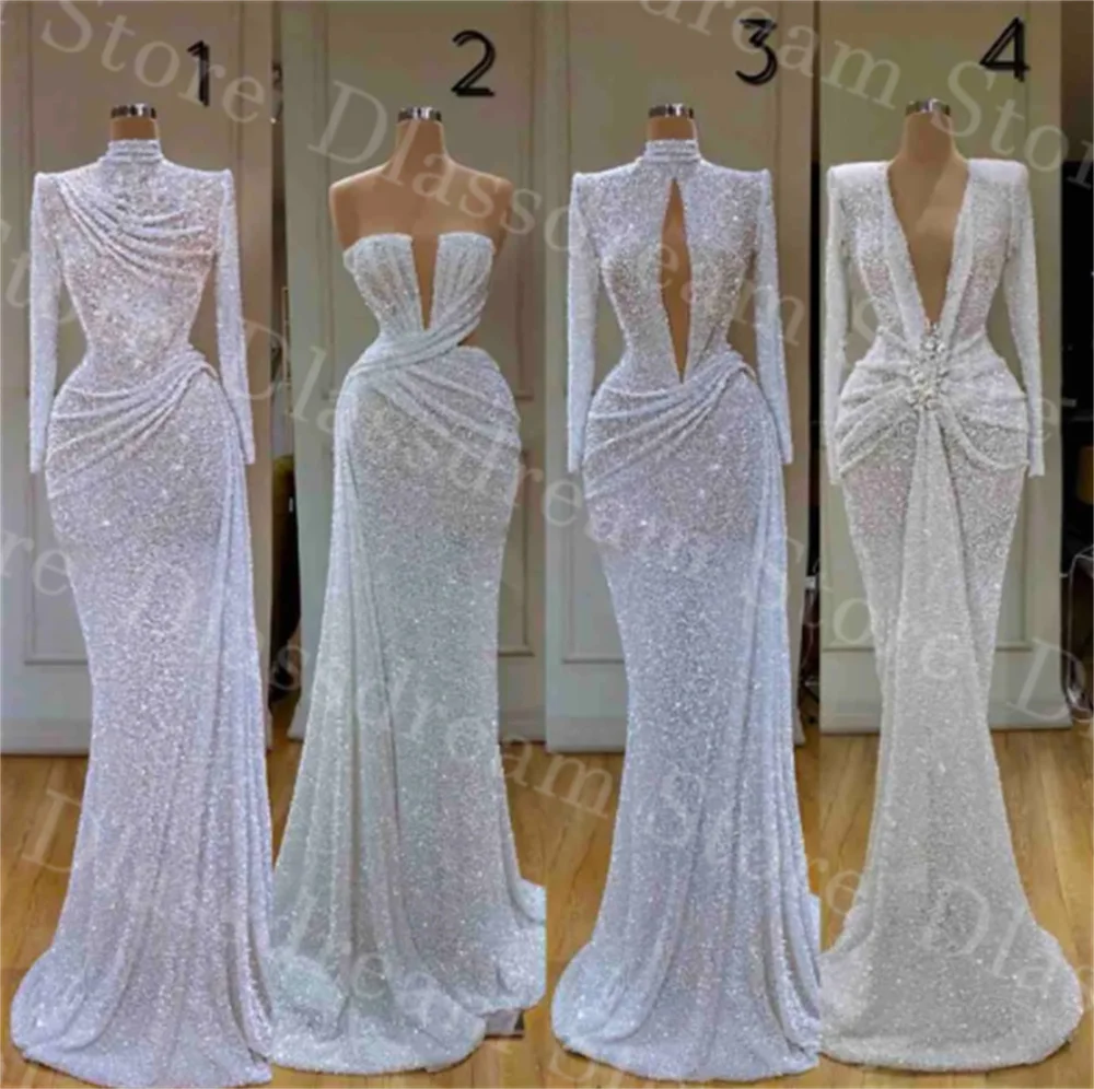 

Newest Glitter Mermaid Evening Dresses High Collar Sequins Beaded Long Sleeve Sweep Train Formal Dresses Custom Party Dresses