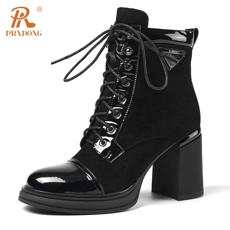 PRXDONG 2023 New Brand Autumn Winter Warm Ankle Boots Shoes Chunky High Heels Lace Up Dress Party Work Female Riding Boots 34-40