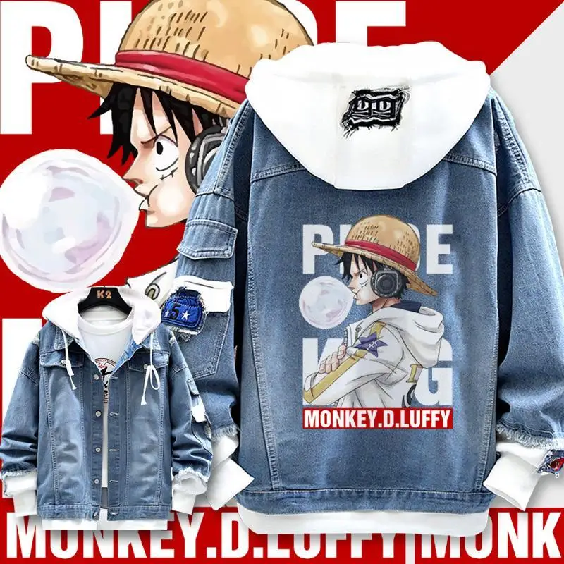 Anime One Piece Cartoon Luffy Hooded Jacket Spring and Autumn Couple Loose Sweatshirt Harajuku Denim Patchwork Hoodies Coat Gift