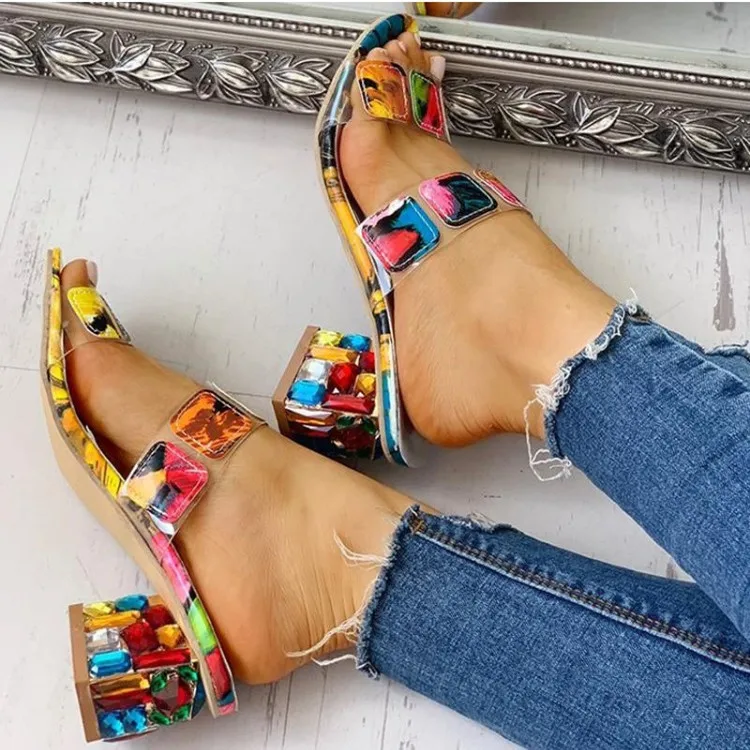 2024 New Women\'s Summer Sandal Platform Multicolour Rhinestone Sldes for Women Square High Heel Female Peep Toe Beach Sandals