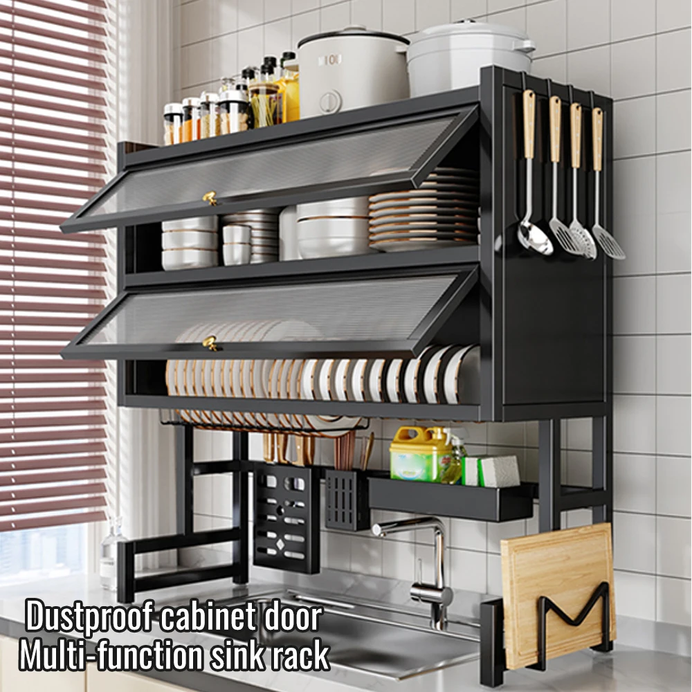 Étagère de rangement de cuisine à 3 niveaux pour évier, en acier au carbone, avec porte-batterie et porte-bols, porte-batterie rabattable anti-poussière et bras réglables