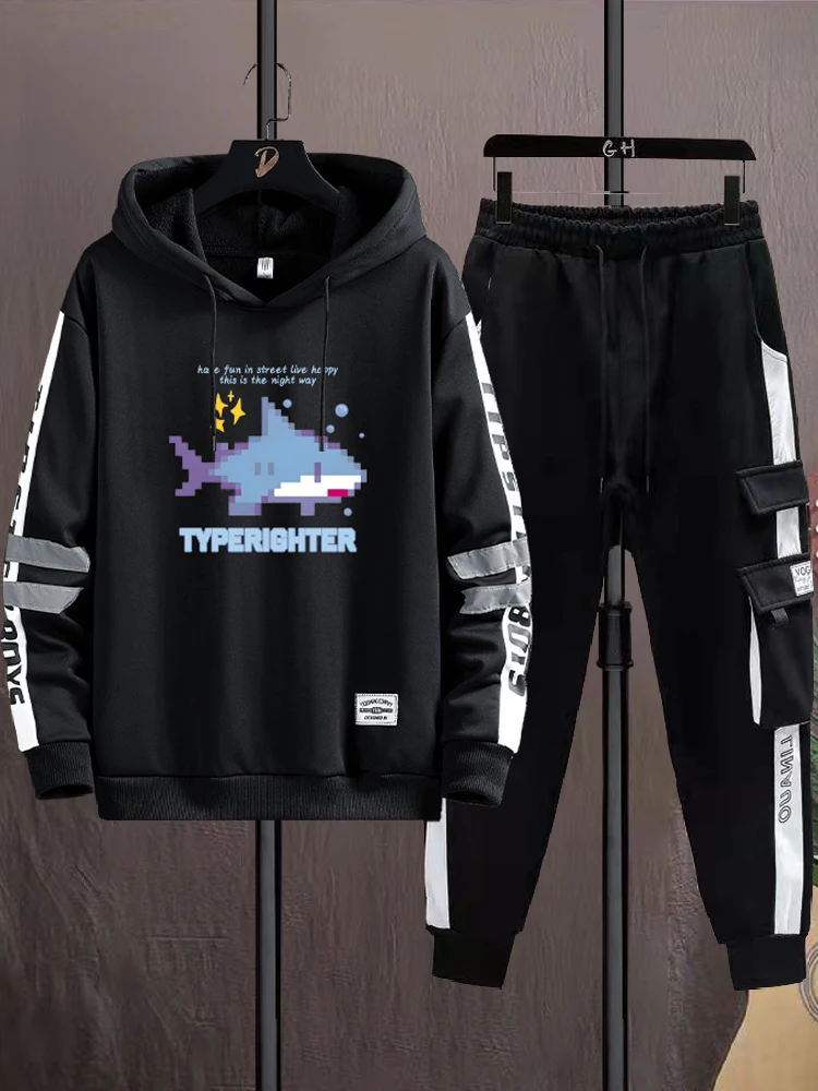 

Teenage Casual Sportswear Set Men's Spring Autumn New Trendy Hoodie And Pants Two-Piece Set for Youth Loose Fit Printed Polye...