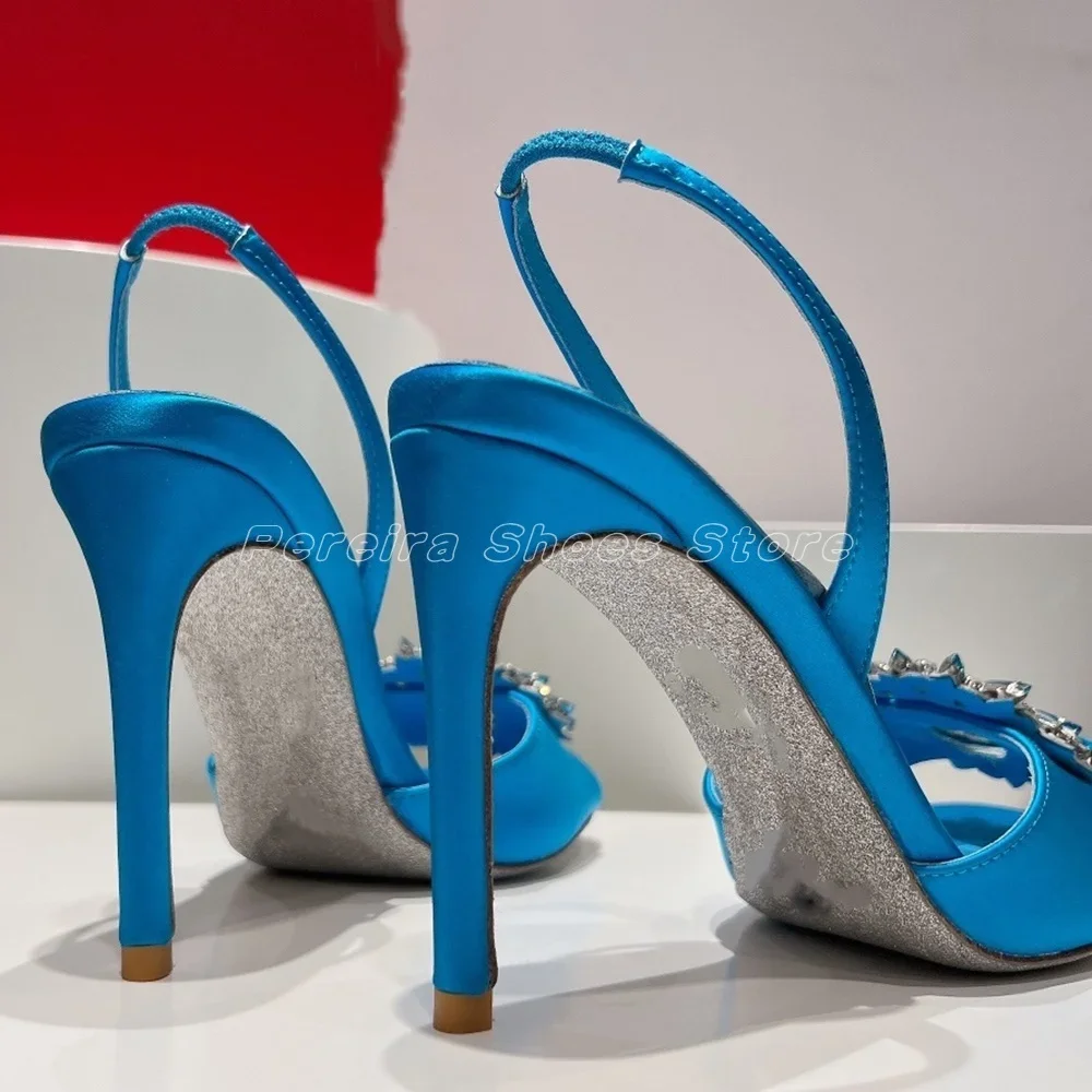 Blue Glittering Rhinestone Flower Sandals Stiletto Open Toe Sexy Ladies Dress Party Shoes 2024 Women Shoes New Trend