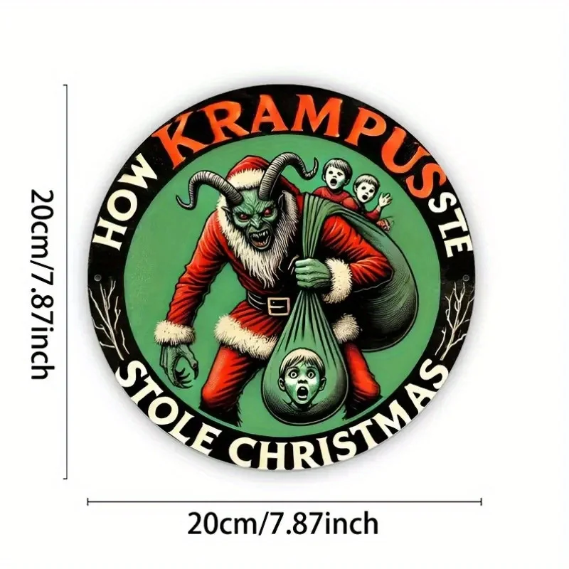 لافتة فنية جدارية من الألومنيوم 2D مسطحة، قطعة واحدة من Krampus، لوحة معدنية مستديرة مقاس 8 × 8 بوصة، مثبتة على الحائط، ديكور متين للمنزل والمكتب، داخلي