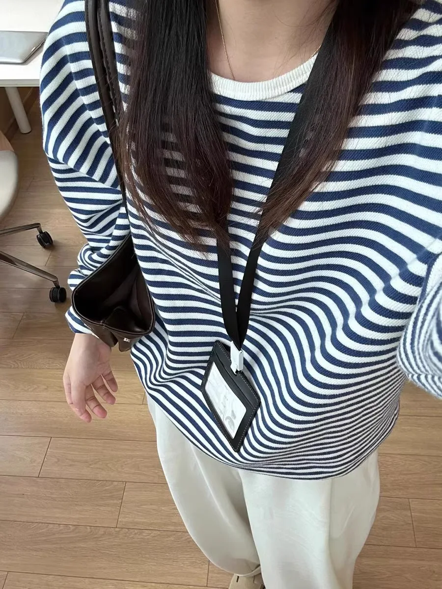 Loose Fit round Neck Sweatshirt Women's Early Autumn Hong Kong Style Chic Lazy Long Sleeve Top Korean Version Striped Pattern