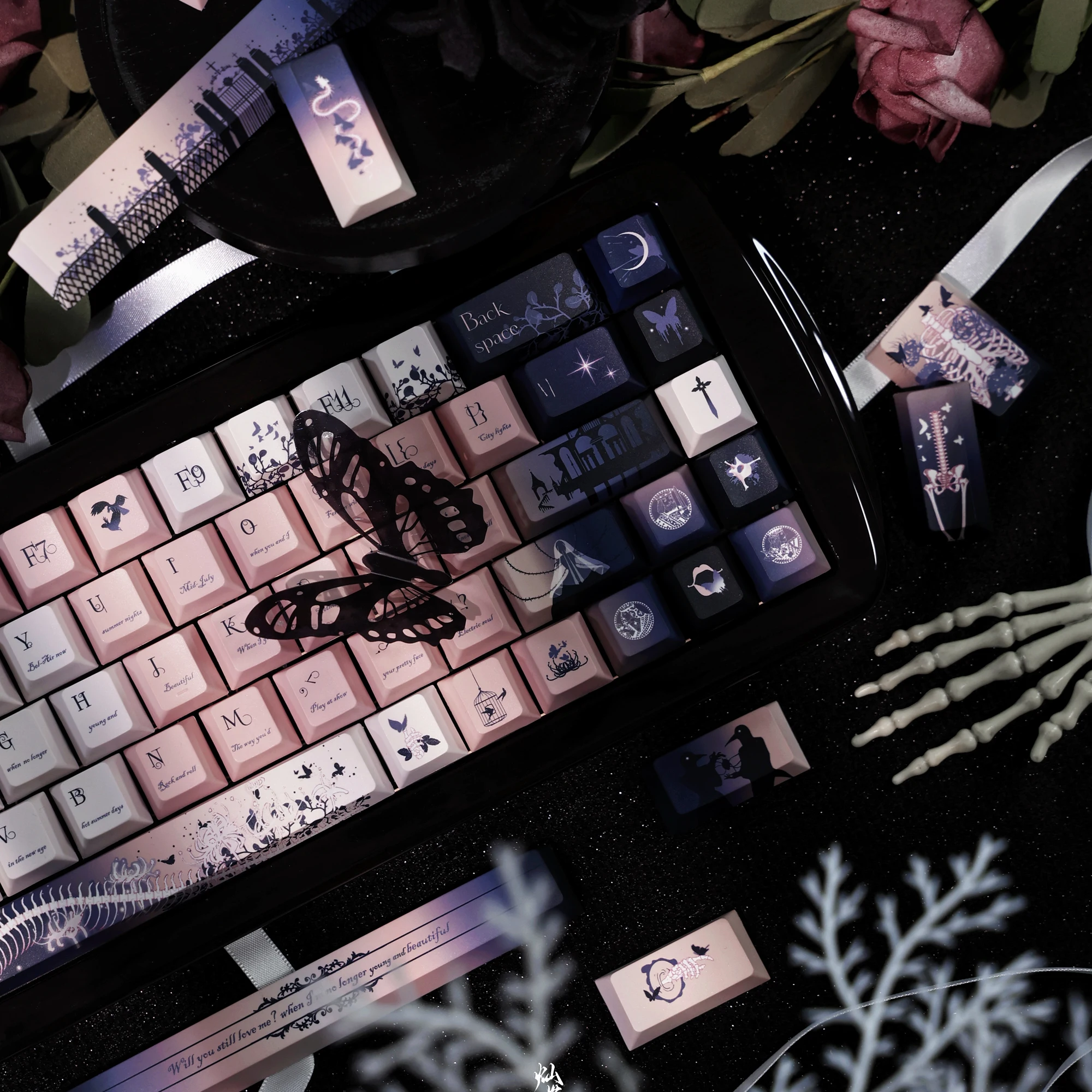 Death Anthem Keycaps Pink Cherry Pbt High Five-Sided Thermal Sublimation 140 Keys French Style Diy Keycaps