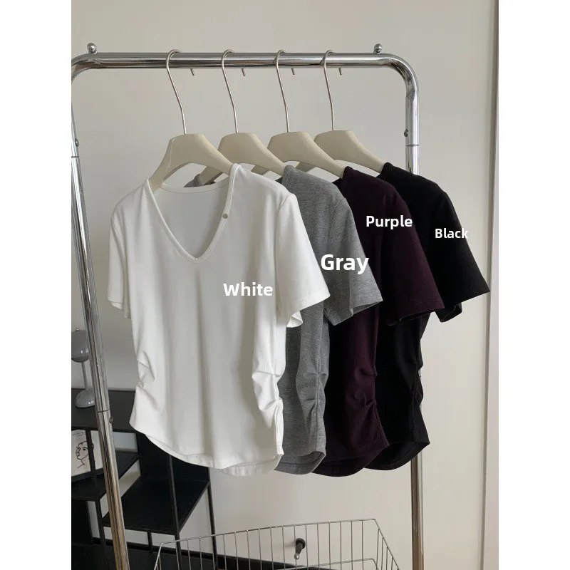 Slimming Heart Collar ort Sve T-irt Women Summer Waist Cinched Pleated Casual All-Match  Color Asymmetrical Top