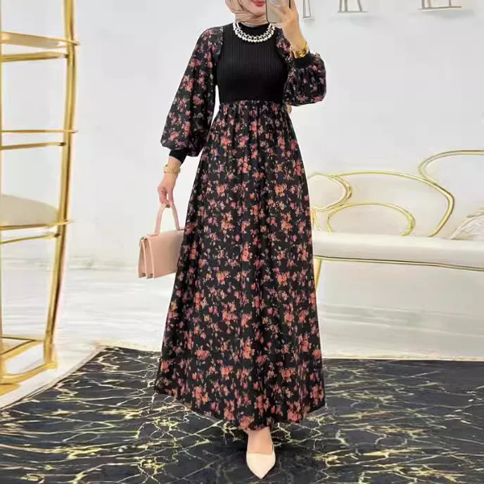 Neues muslimisches Kleid mit langen Ärmeln, Ramadan-Kleid, bequeme Mode, türkische islamische Kleidung, Damen-Blumenkleider