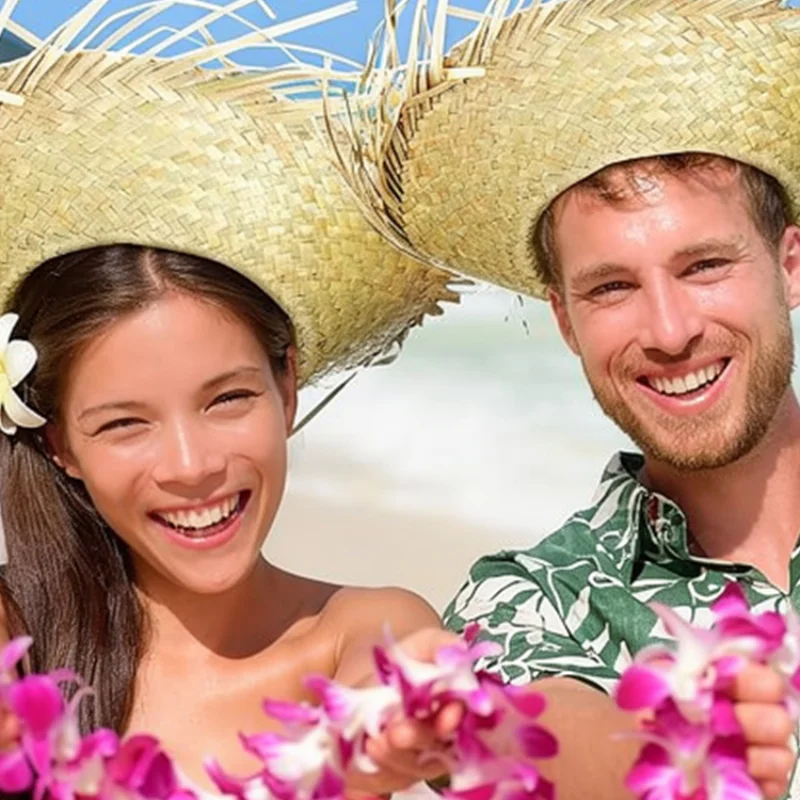 Vintage Straw Hat Beach Sun Cap Artisanal Ultra Light Airy Mens Womens Summer Party Decor Tropical Island Hawaiian Headwear ﻿