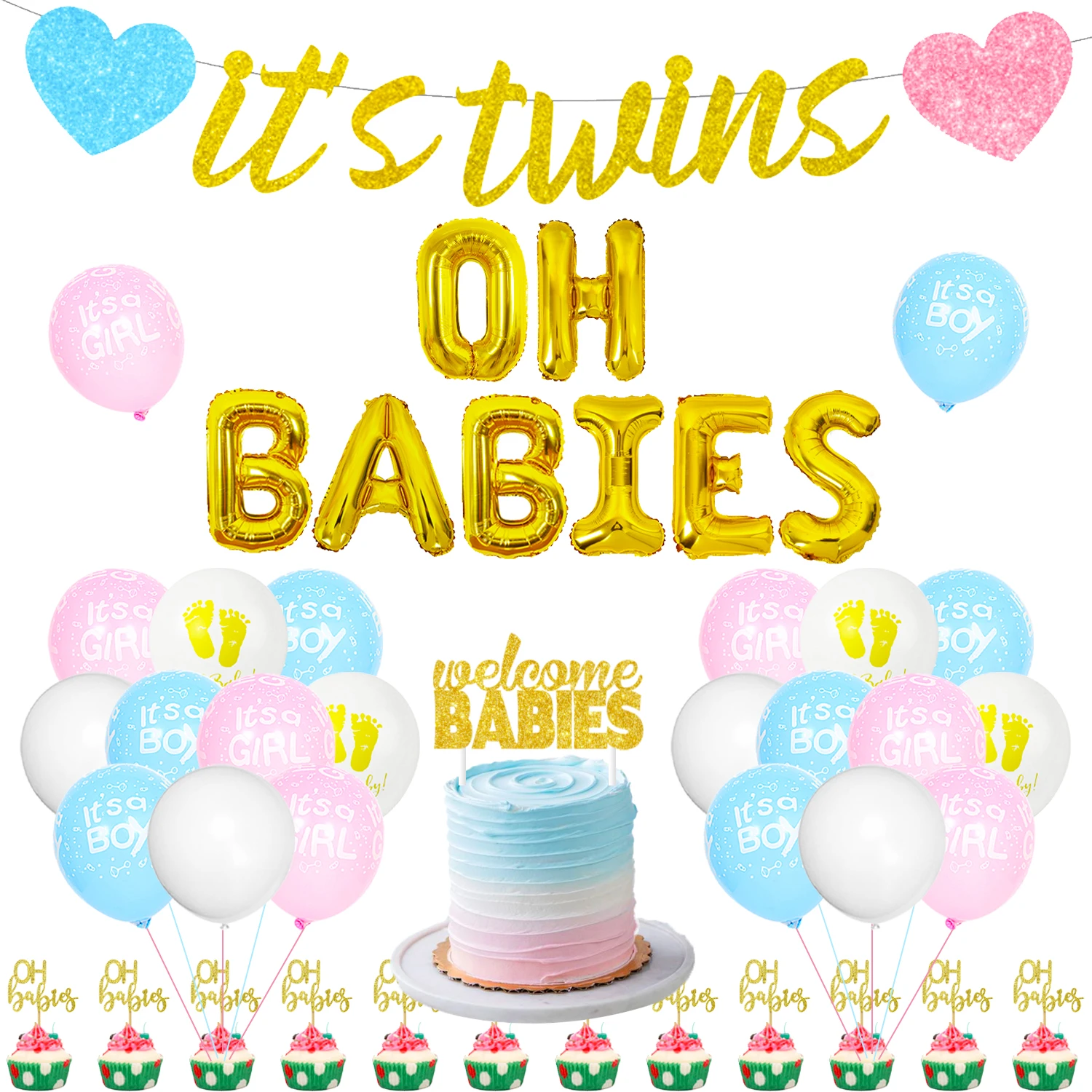 

Oh Babies Twins Baby Shower Decorations Set Glitter It's Twins Banner Pink Blue Balloons for Boy Girl Baby Shower Party Supplies