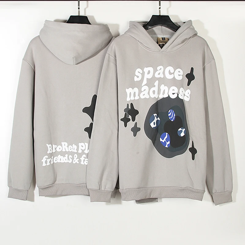 

23ss Retro Hip Hop Broken Planet Hoody Sweatshirts Space Letter Pattern Foam Print Pullovers Casual Loose Grey Hoodies Men Women