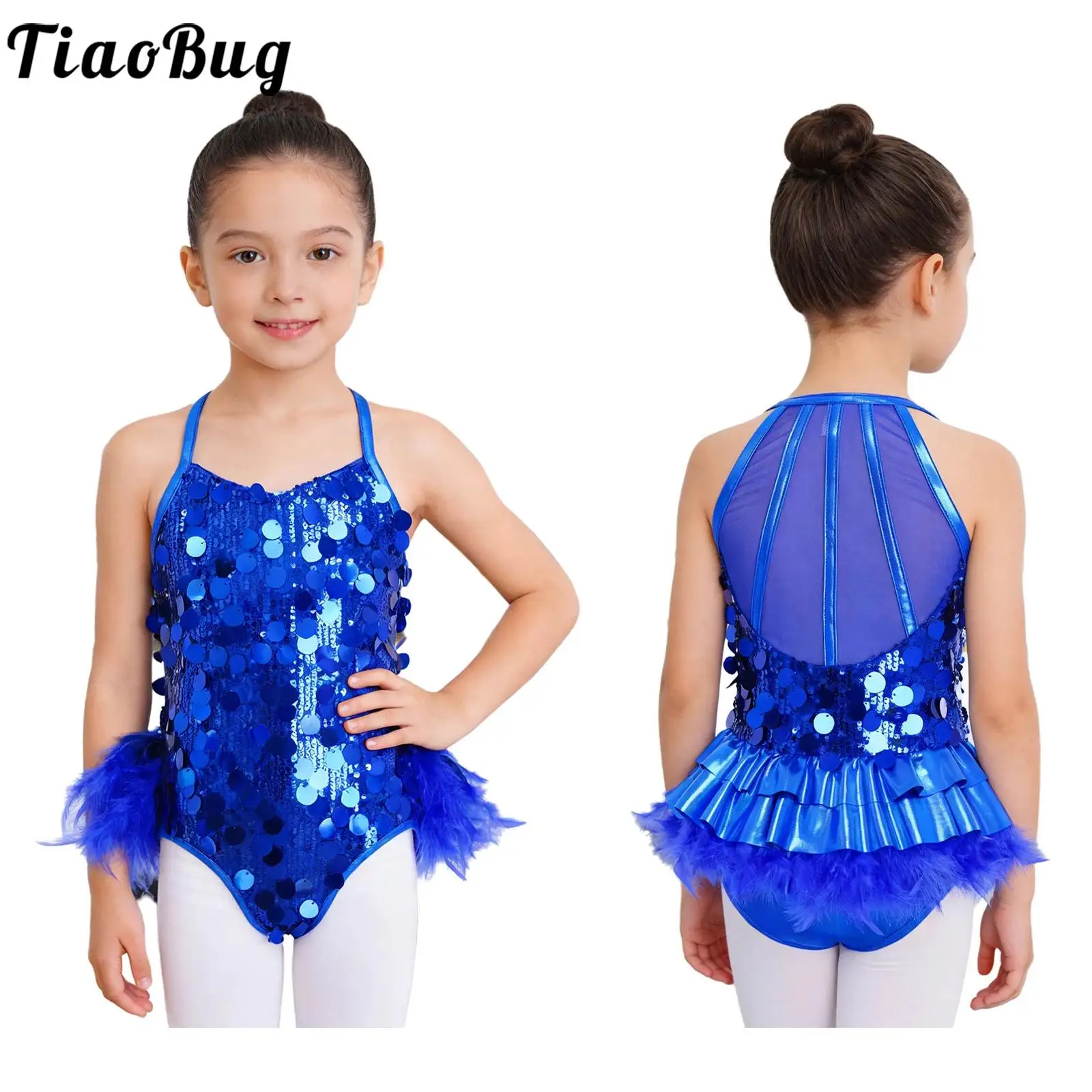 

Kids Girls Sequin Jazz Gymnastic Ballet Dance Performance Costume Sleeveless Side Zip Mesh Patchwork Feather Skirted Leotards