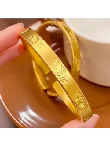 Women's 24K Gold Traditional Lucky Lotus Bracelet, AU999 | Engraved "Auspicious" with hidden vine motifs.