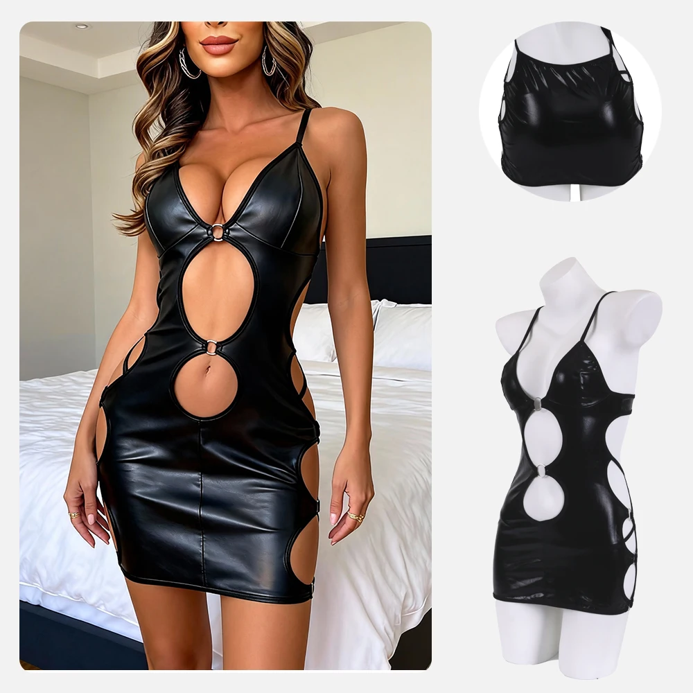 

New Hollowed-out Erotic Lingerie, Seductive and Alluring Patent Leather Halter Dress, Black Tight Gathering Nightclub Set
