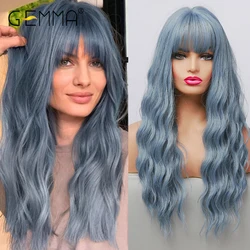 GEMMA Long Water Wave Blue High Temperature Wigs for Black White Women Afro Cosplay Party Daily Synthetic Hair Wigs with Bangs