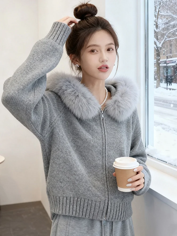 

Trendy Street Style Women's Knitted Sweater with Fur Collar Thick Warmth Autumn Winter New Arrival Casual Loose Fit Long Sleeve