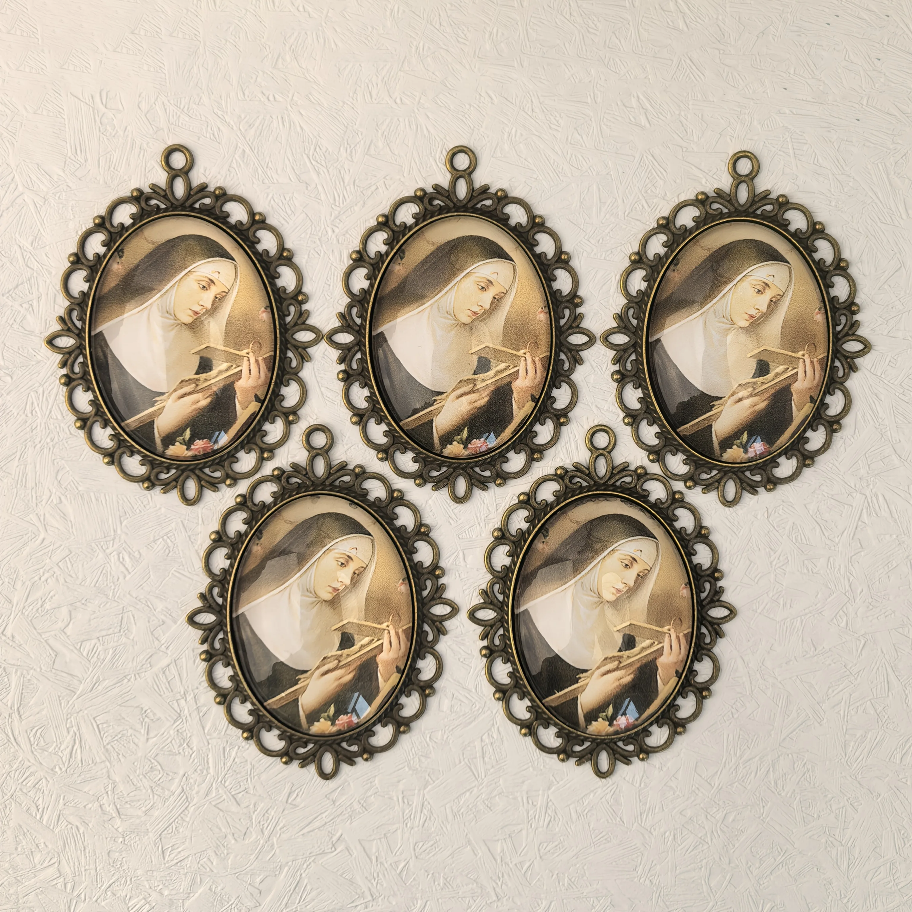 5Pcs Vintage Antique Bronze Hollow Oval Saint Rita Religious Medals, Dome Glass Cabochon Charms, Baptism Christmas Gift for DIY