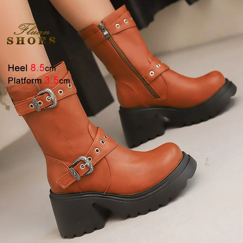

Fall Winter Yellow Retro Women's Mid-Calf Boots Round Toe Thick Heels 8.5cm Platform 3.5cm Side Zipper Belt Buckle Sizes 35-45