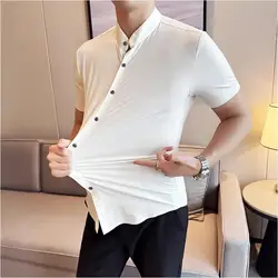 Summer High Quality New Solid High Elasticity Seamless Short Sleeve Shirts Men Slim Social Casual Business Formal Dress Shirt