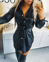 Sexy Dresses for Women 2023 Autumn Double-Layer Button Tied Detail Slit Pu Leather All-Match High Waist Long Sleeve Shirt Dress