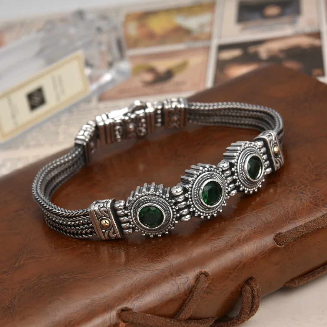 Turkey S925 silver vintage bracelet men's sterling silver ancient totem zircon bracelet female ethnic style couples bracelet