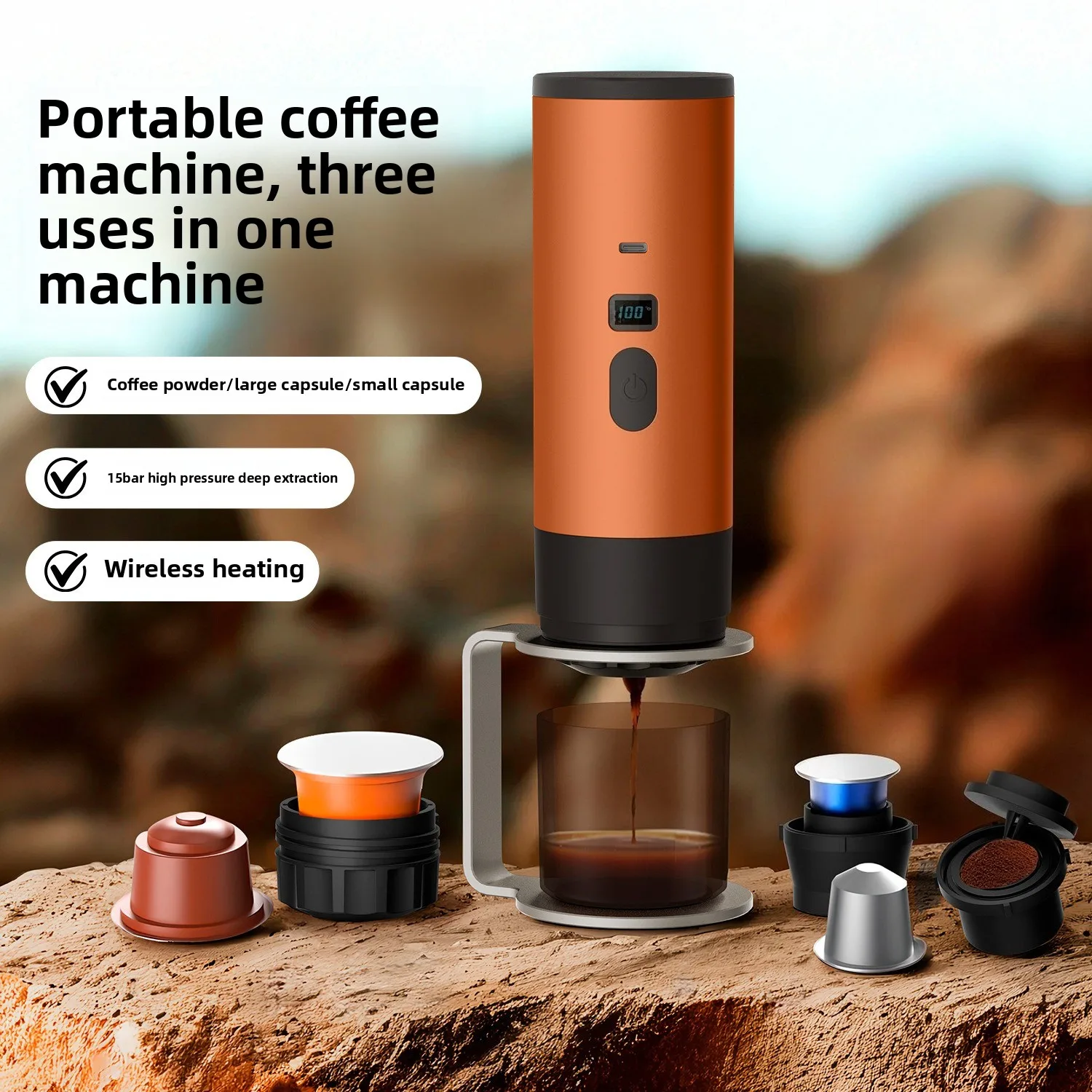 

Portable Electric Coffee Maker 3-in-1 Capsule Coffee Grinder Travel Coffee Maker with Cordless Heating for Car and Home Camping