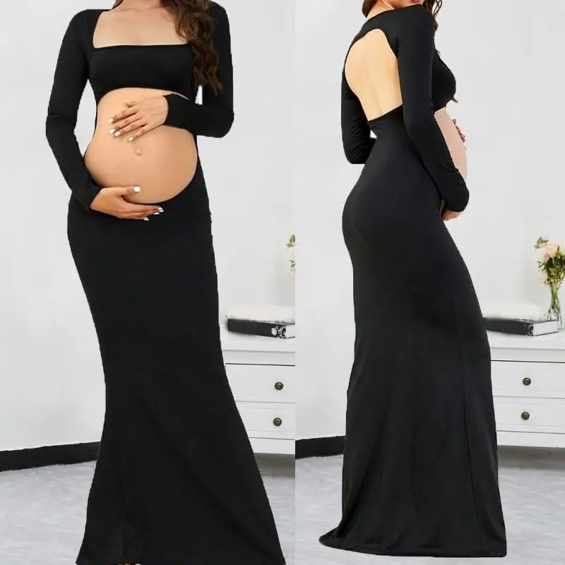 マタニティフィッシュテールドレス伸縮性のある柔らかい生地オープンバックデザインお腹露出エレガントフロアレングス妊娠服a2ub