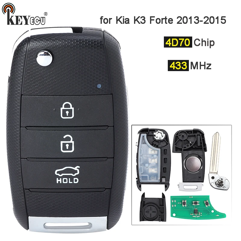 KEYECU 433 MHz 4D70 Chip di Ricambio Flip Pieghevole 3 Pulsante di Controllo Remoto Chiave Dell\'automobile Fob per Kia K3 Forte 2013 2014 2015