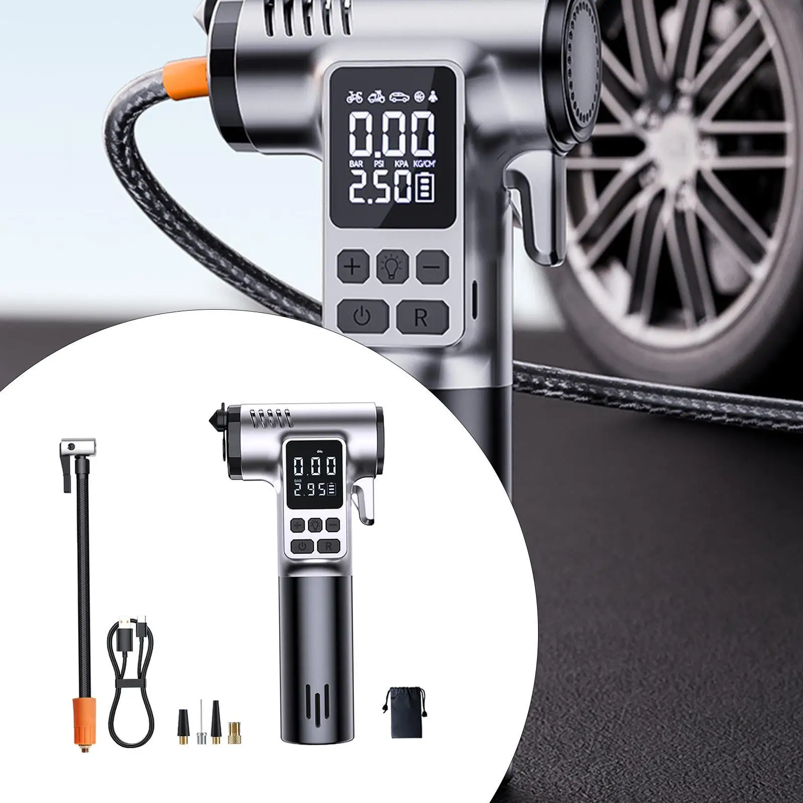 Portable Air Pump Rechargeable with LED Emergency Light Handheld Car Tyre Inflator for Bicycle Vehicles Motorcycle Ball Car