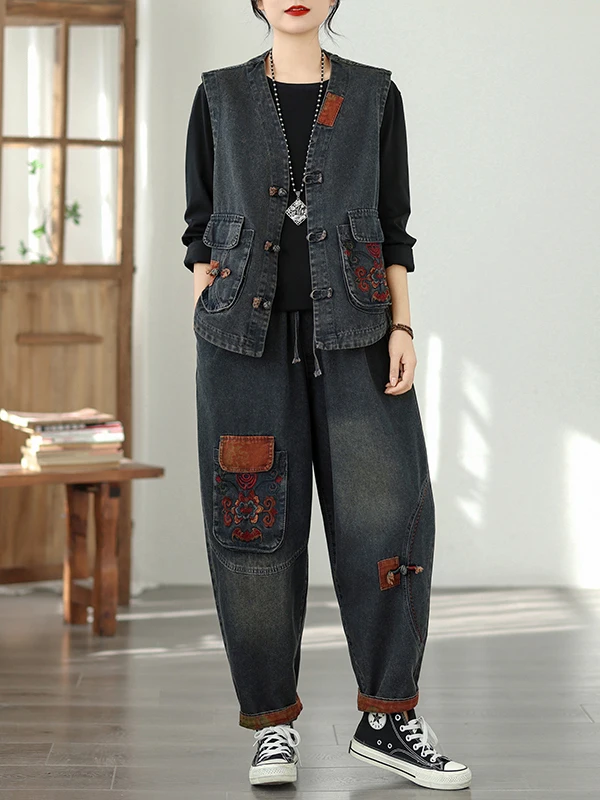 

Spring Vintage Embroidery Buttonless Denim Chinese Style Shoulder Pad Vest Washed Patchwork Harlan Jeans Two Piece Set Women