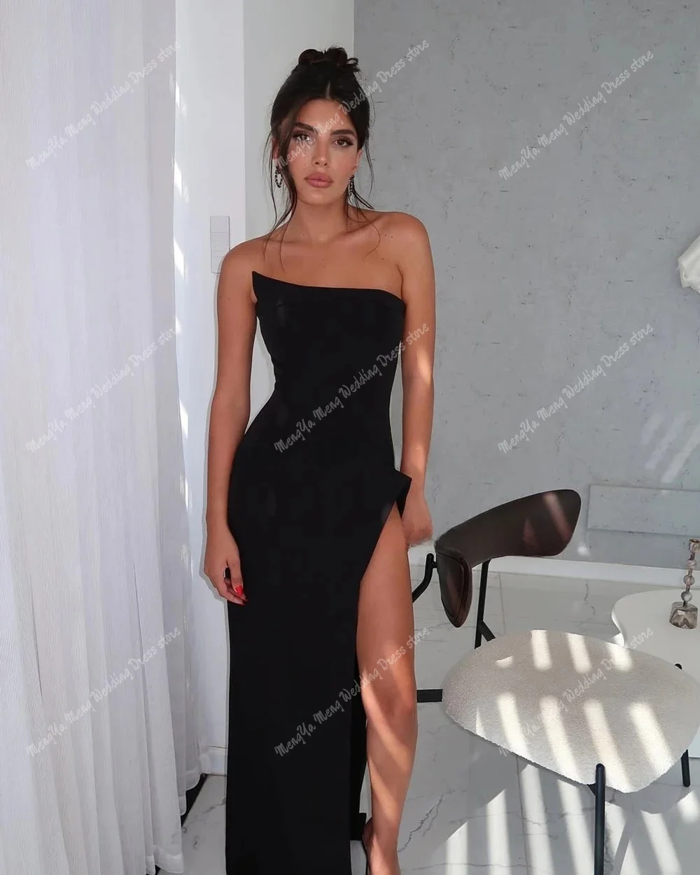 Elegant Women's Black Formal Evening Dresses Arabic Bustier and Floor-length High Split Dresses for Banquet Party Prom Gowns