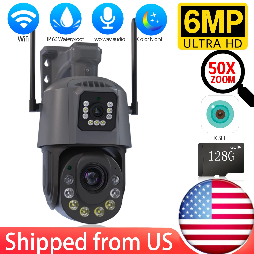 6MP Dual Screen Dual Lens Wifi Surveillance Camera 50X Zoom Auto Tracking Color Night Vision Outdoor PTZ Security Camera Icsee