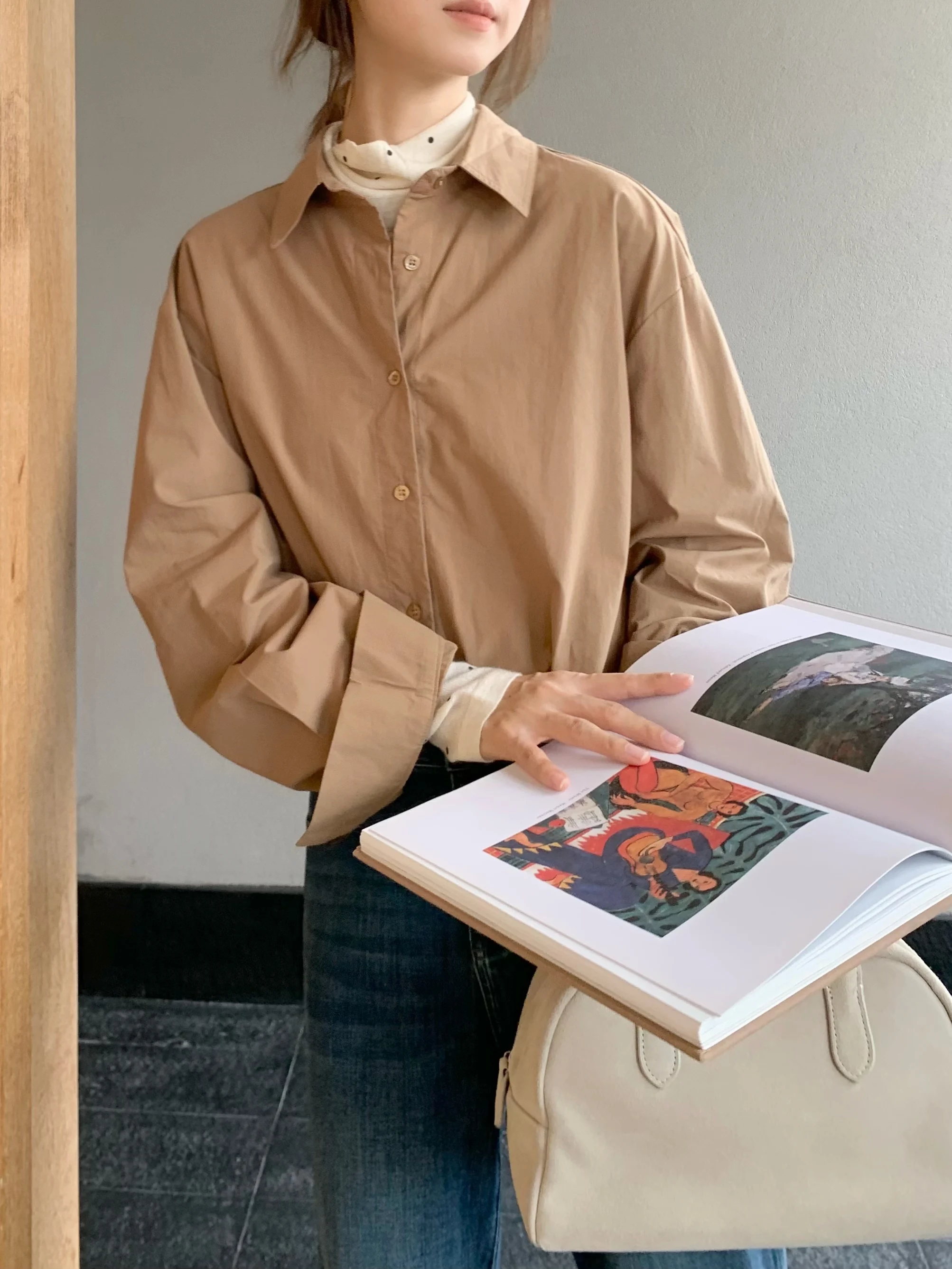 

Fretaro Caramel Cr Autumnal Color Series Simple Basic Pure Cotton Long Sve irt Дышащая, приятная для кожи, обычная.