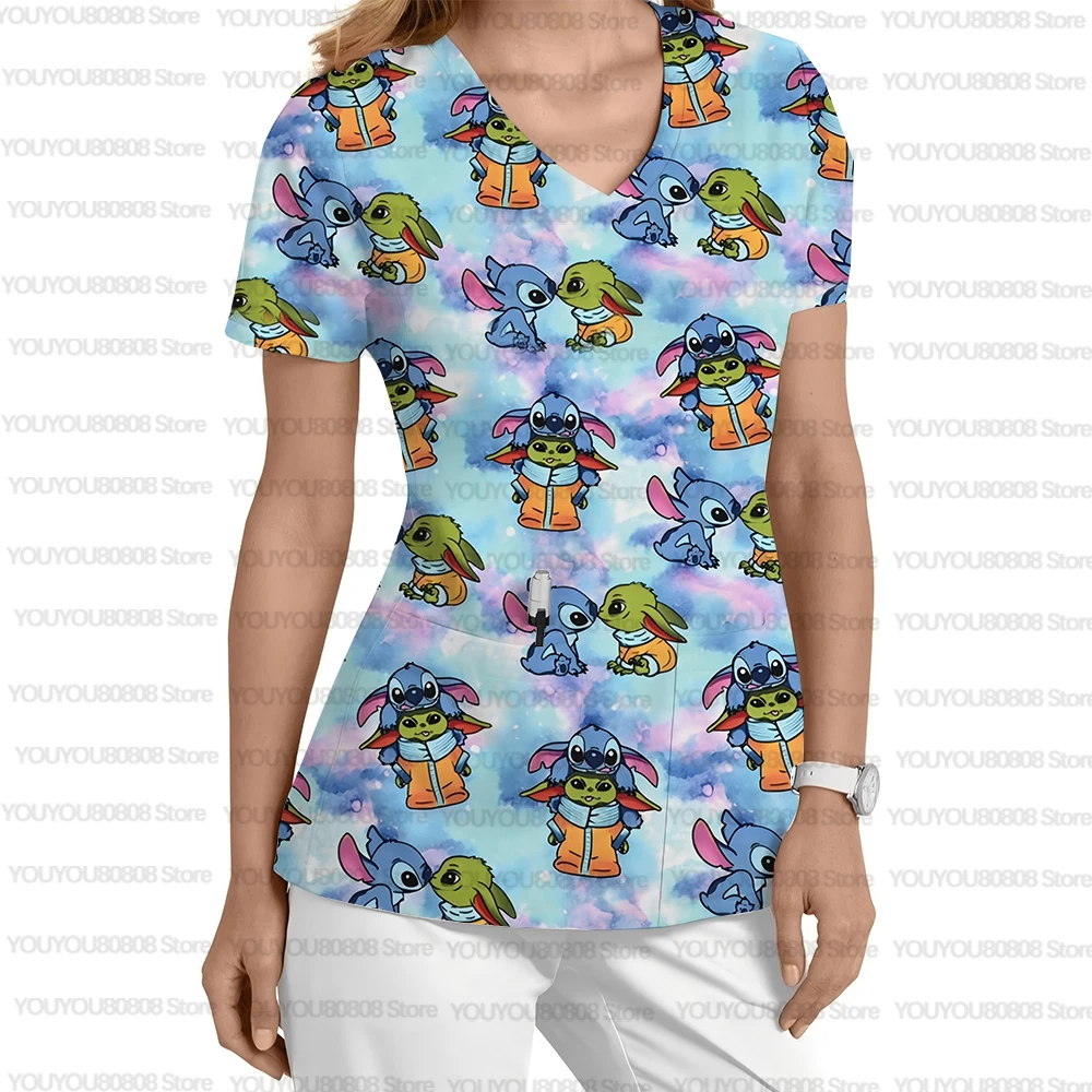 새로운 애완 동물 가게 간호사 작업복 캐주얼 여름 디즈니 스티치 만화 프린트 풀오버 v 넥 간호사 유니폼 티셔츠 스크럽 여성용