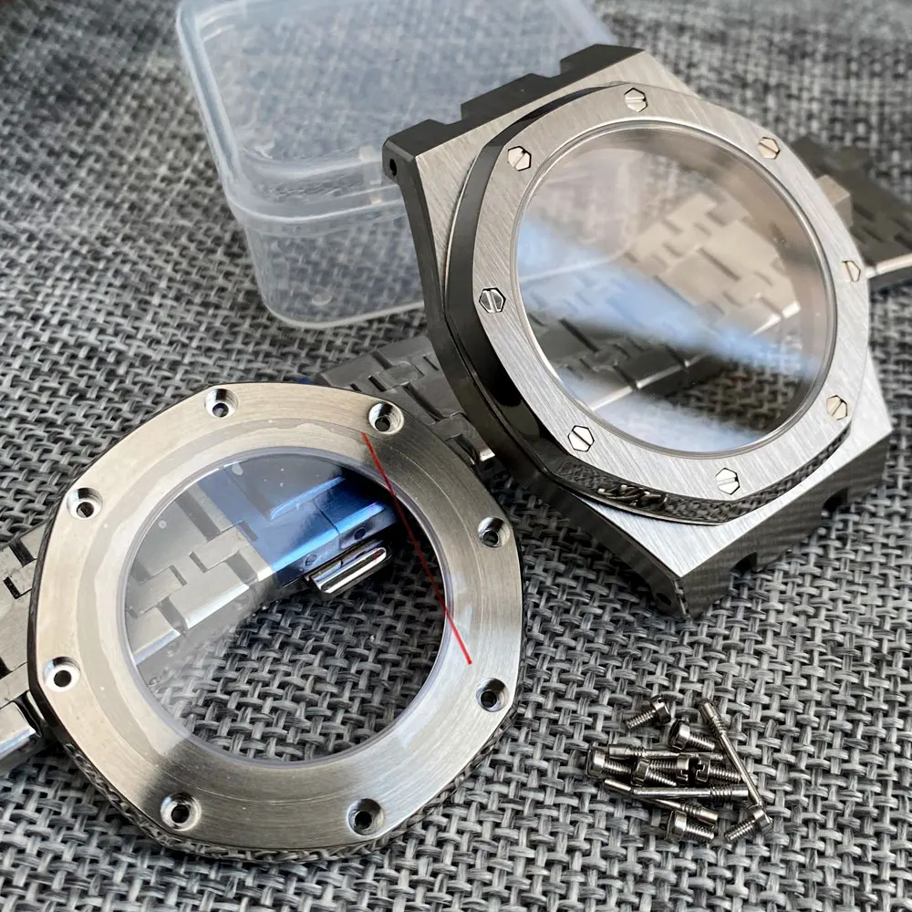 

Stainless Steel Brushed 42mm Octagon Watch Case Bracelet Sapphire Fit NH35 NH36 NH38 NH70 Automatic Movt Glass Back Screw Crown