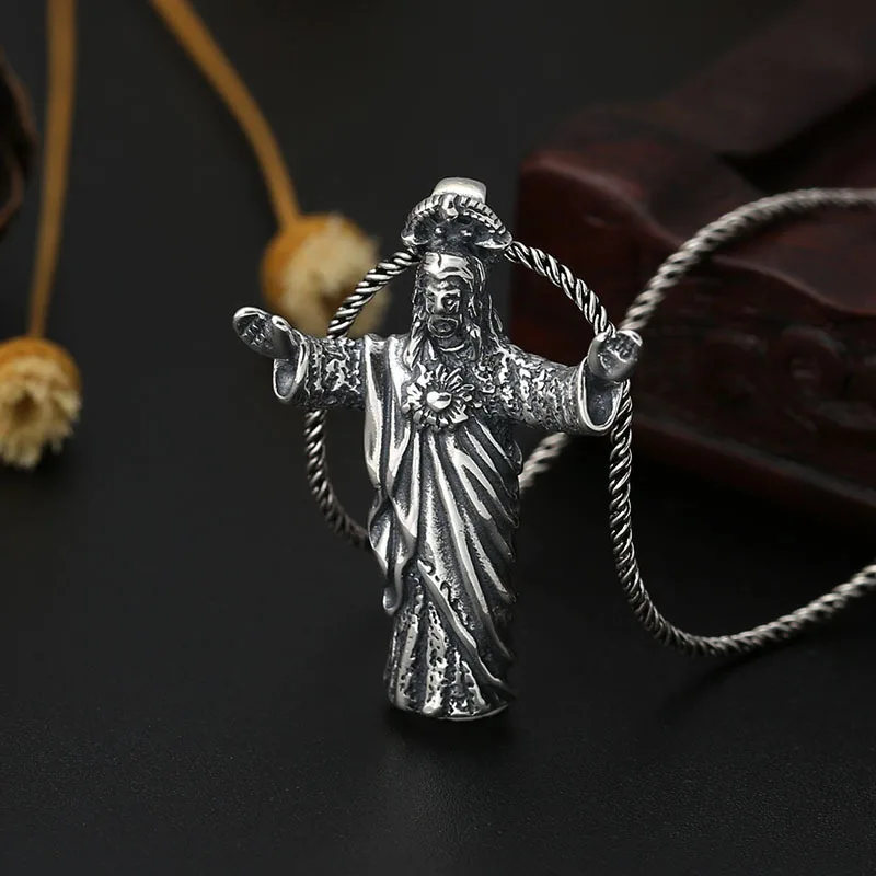 S925 Sterling Silver Jesus Pendant Black Color Old Process Unisex Fine Jewelry FYNE439