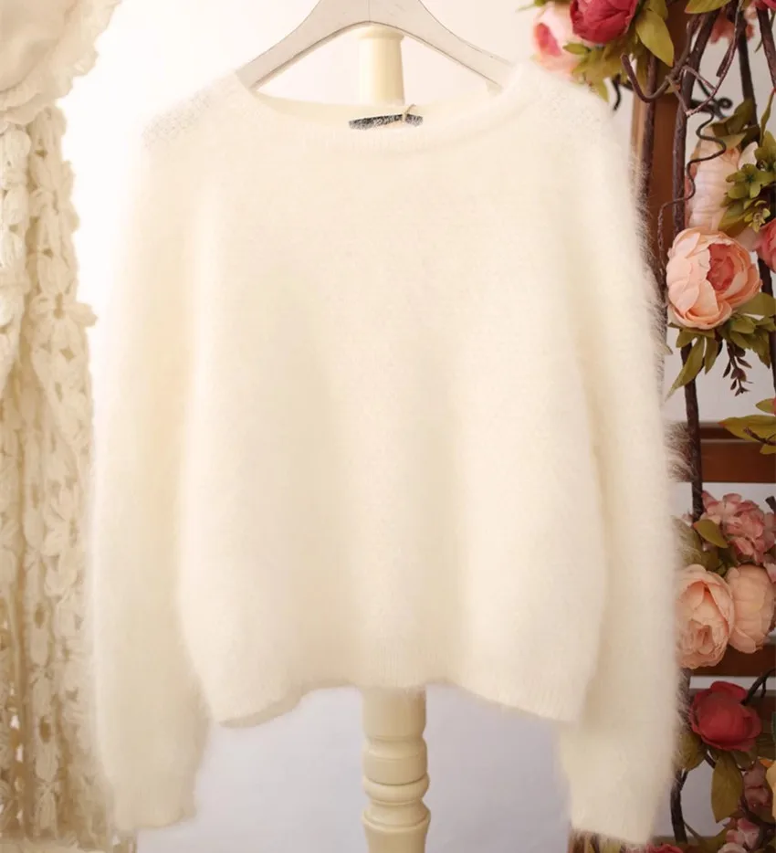

Korean Style New Chic Fashion Soft White Mink Cashmere Pullover Autumn Winter Women O Neck Mohair Knitting Loose Casual Sweater