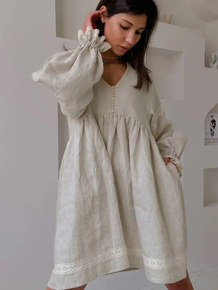 

Summer Cotton Linen Khaki Women's Dress Elegant Lady V-Neck Lantern Sleeve Button Loose Dresses Lace Patchwork Knee-Length Dress