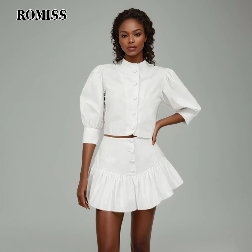 ROMISS European And American Fashion Small Stand-up Collar Single-breasted Shirt Top high waist ruffle skirt Two-piece Suit