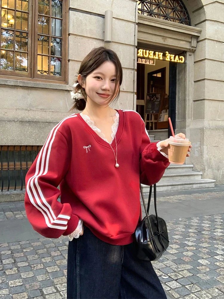 

Korean v Neck sweatshirt for women spring autumn 2025 new Striped loose medium to long sleeved top trendy