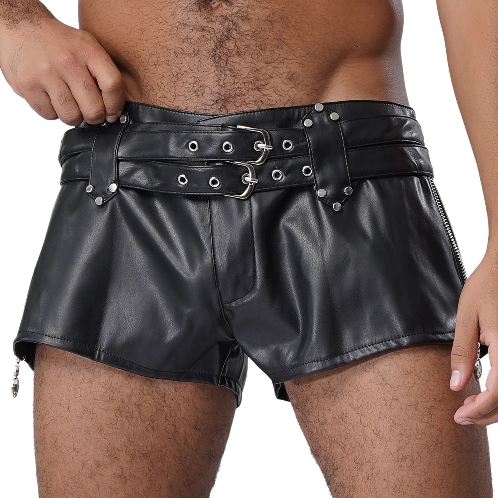 سراويل قصيرة عصرية للرجال من جلد البولي يوريثان، سراويل قصيرة منخفضة الارتفاع مع أحزمة مزدوجة قابلة للتعديل لحفلات مهرجان الموسيقى في الملهى الليلي