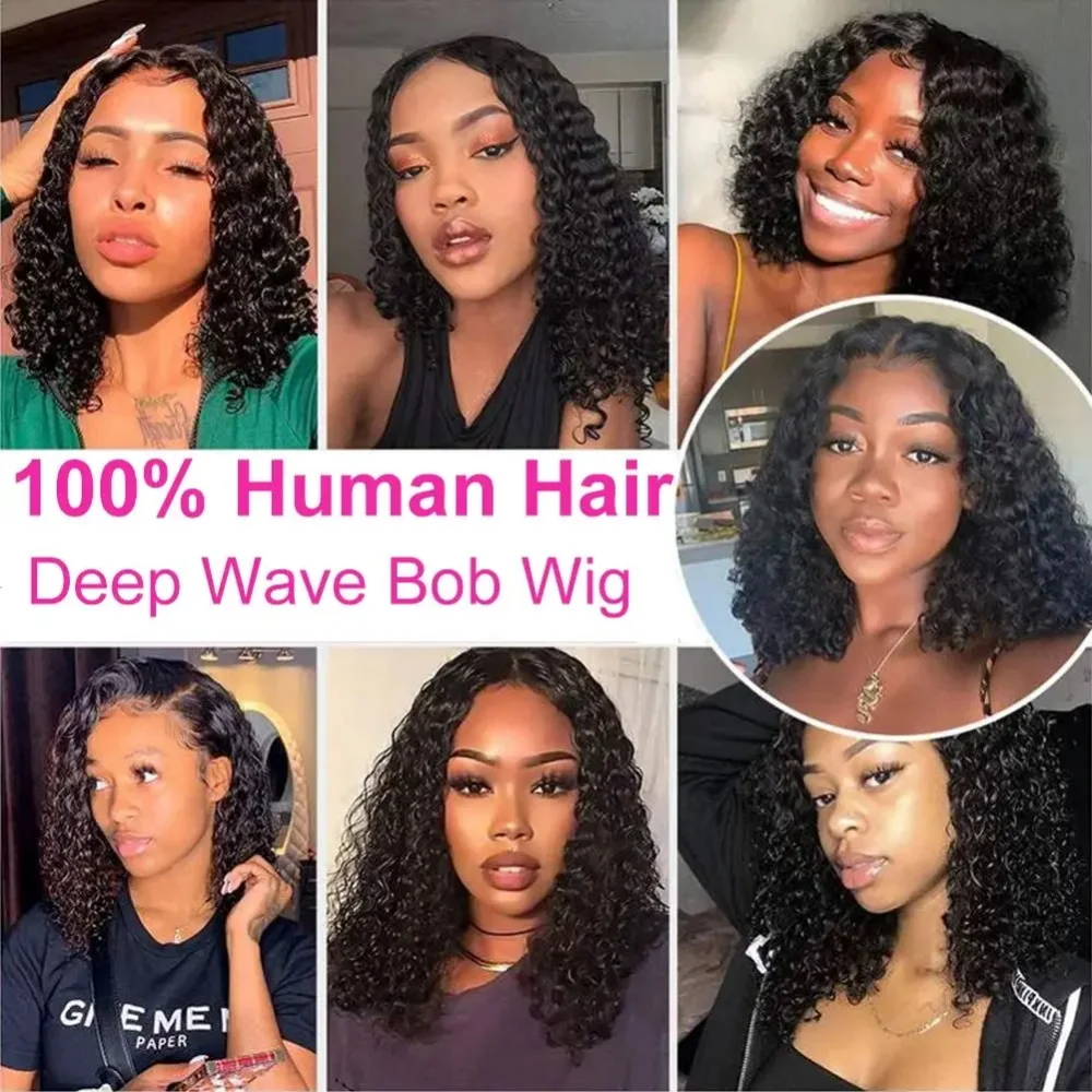 Perruque Bob Lace Front Wig naturelle péruvienne, cheveux courts, Deep Wave, 13x4, pre-plucked, partie en T, 180%, pour femmes