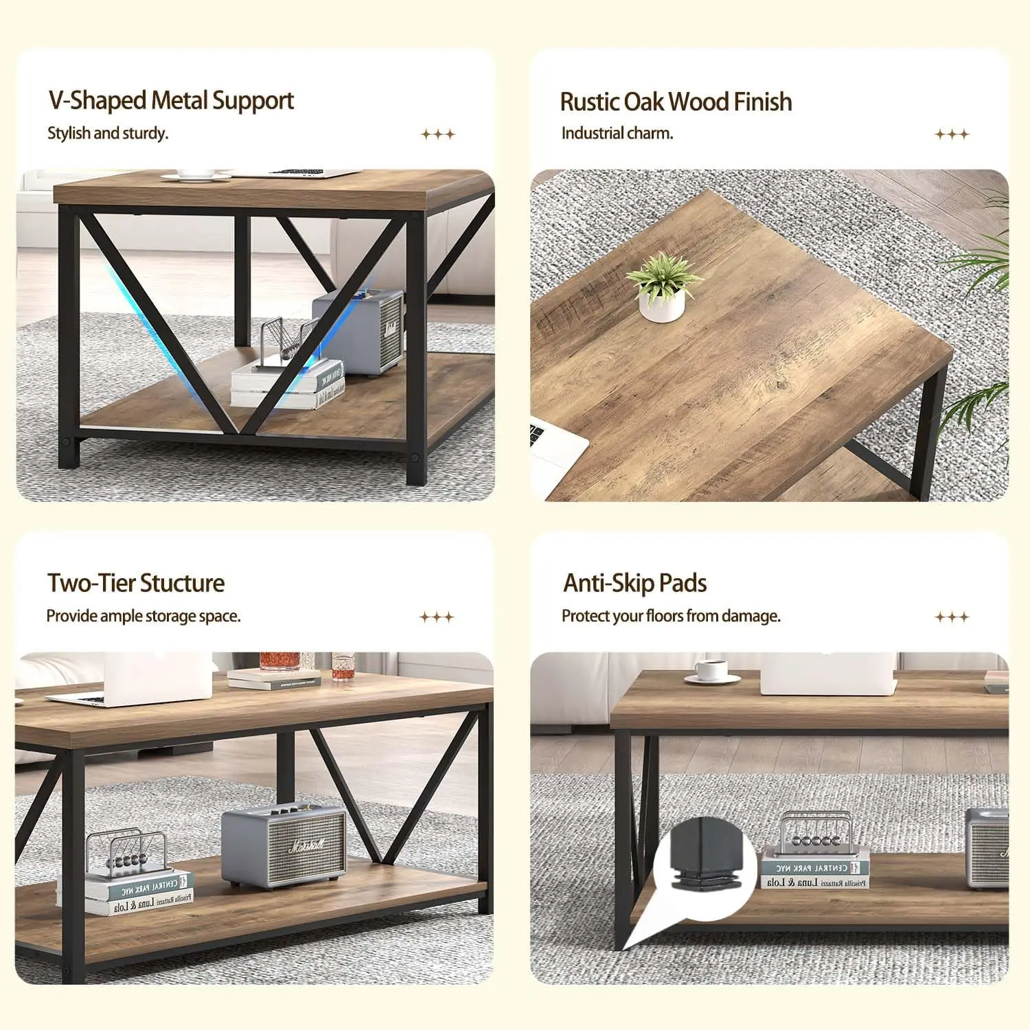 Foluban Coffee Table With Storage Shelf, Modern Industrial Metal And Wood Living Room Table, Small Rectangle Cocktail Tea Table